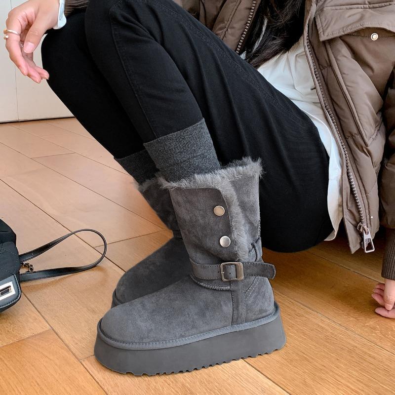 Buckle Thick-soled Plush Flanged Warm Cotton Shoes New Medium and Long Snow Boots Women's Winter Models