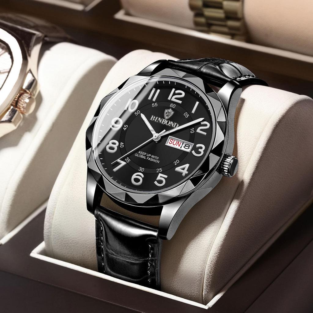 Binbang Ultra-thin Luminous Men's Quartz Watch - Automatic Movement, Waterproof with Calendar, Leather Strap, Business & Fashion Style.