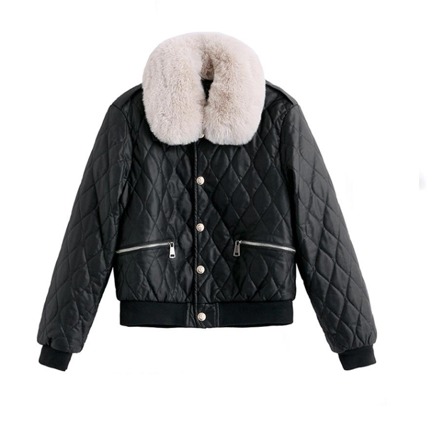 Big fur collar, velvet leather jacket, locomotive jacket, women's winter temperament design sense, thickened warm cotton clothes, cotton clothes