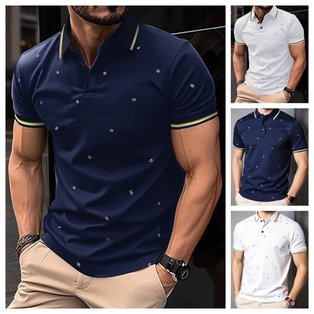 Men's Summer Fashion Casual Floral Short Sleeve T-shirt Color Block Lapel Top