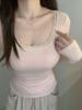 Pure Desire Lace Long Sleeve Slim Fit Top for Women - Autumn/Winter 2025, Sexy Low Square Neck Fake Two-Piece Design.