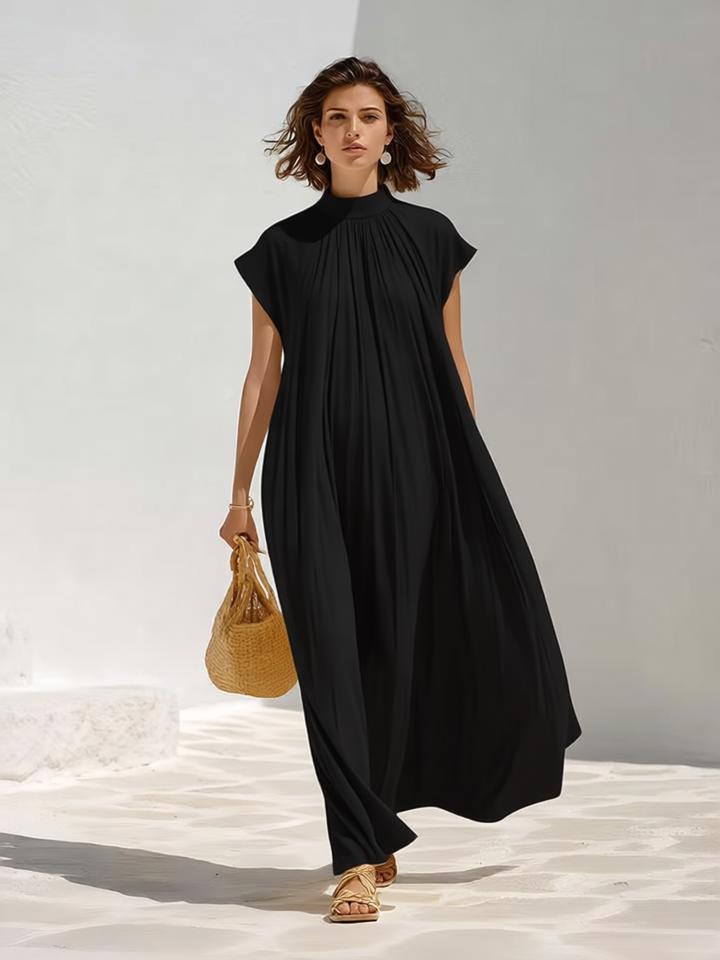 European and American women's simple gas texture super short-sleeved spring and summer thin long French pleated dress