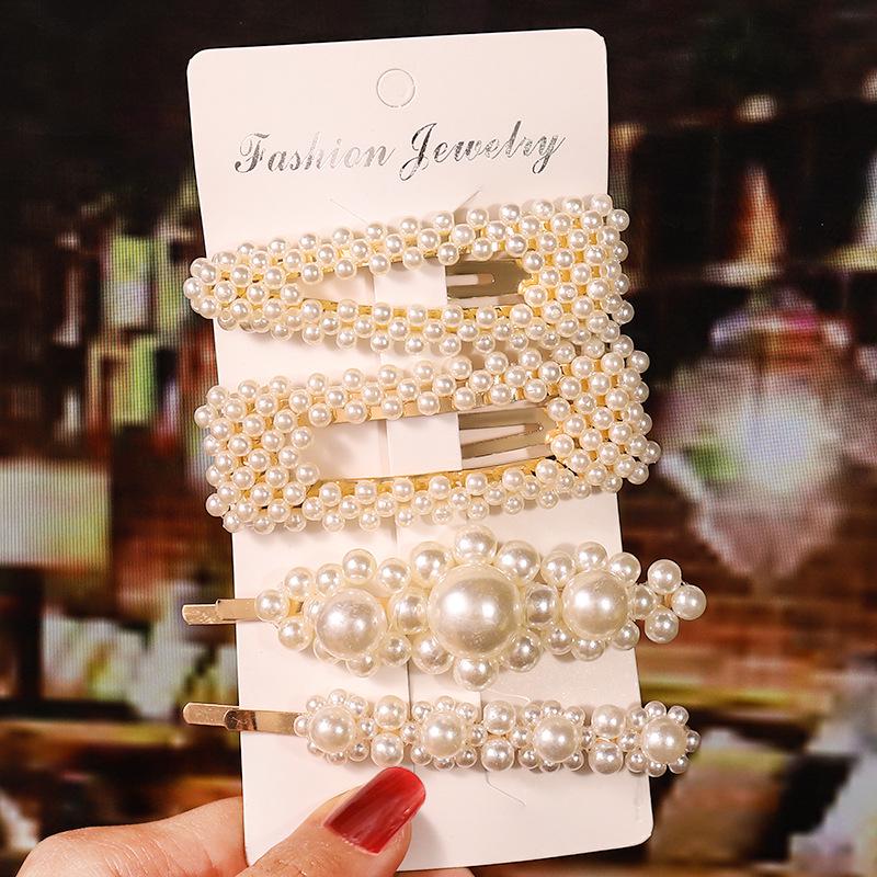 Korean Celebrity BB Hair Clip Set - Pearl Bow & Bangs Accessories