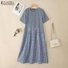 ZANZEA Women Plaid Print Summer Casual O-neck Half Sleeve Long Dress