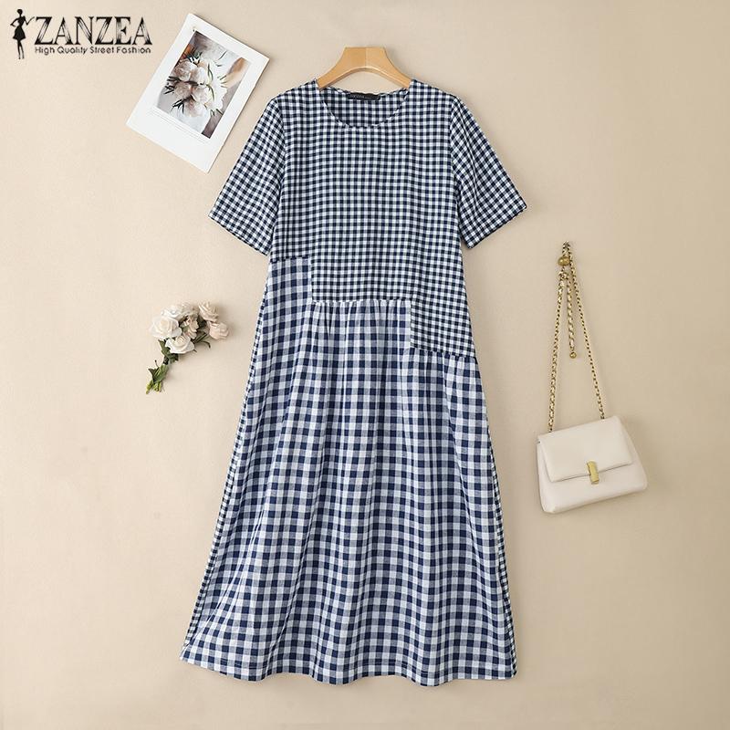 ZANZEA Women Plaid Print Summer Casual O-neck Half Sleeve Long Dress