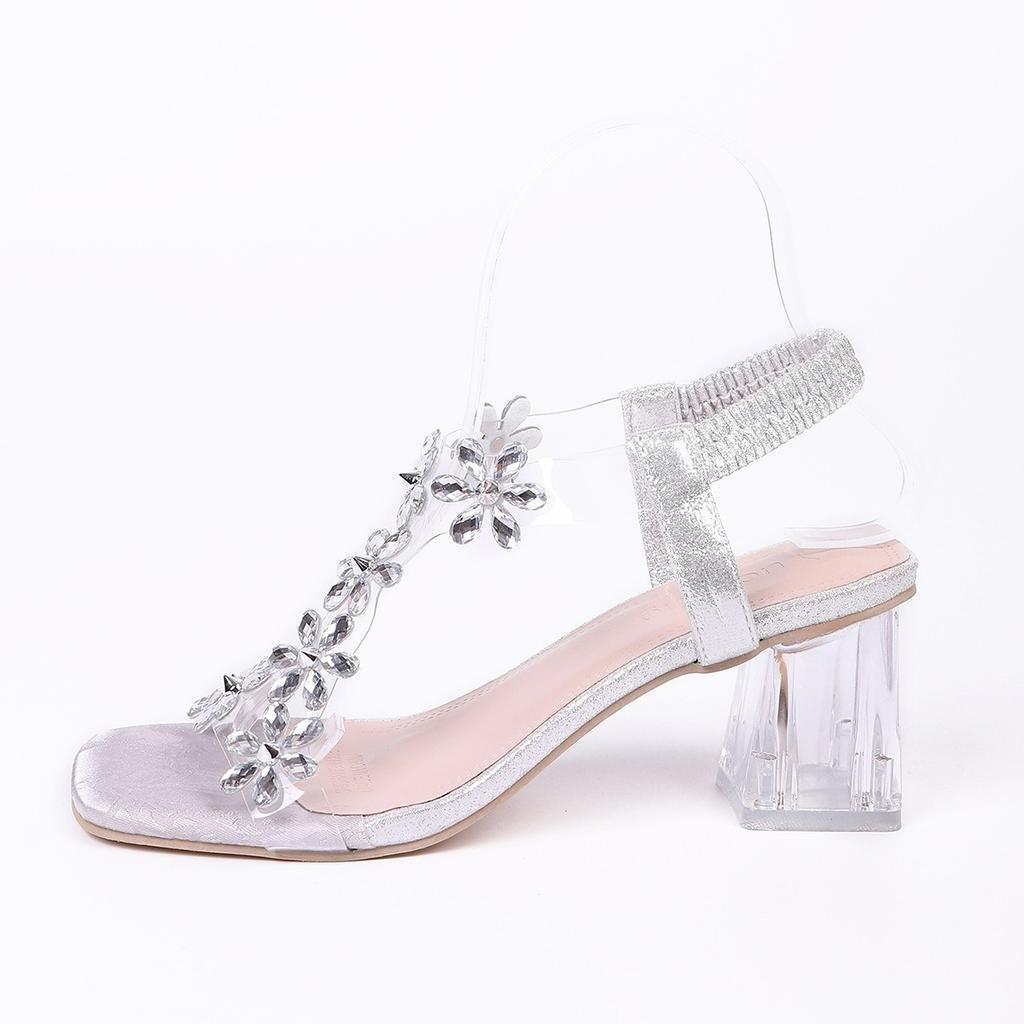 Plus Size Women's Sandals Summer One-word Rhinestone High Heels Thick-heeled Sandals Women