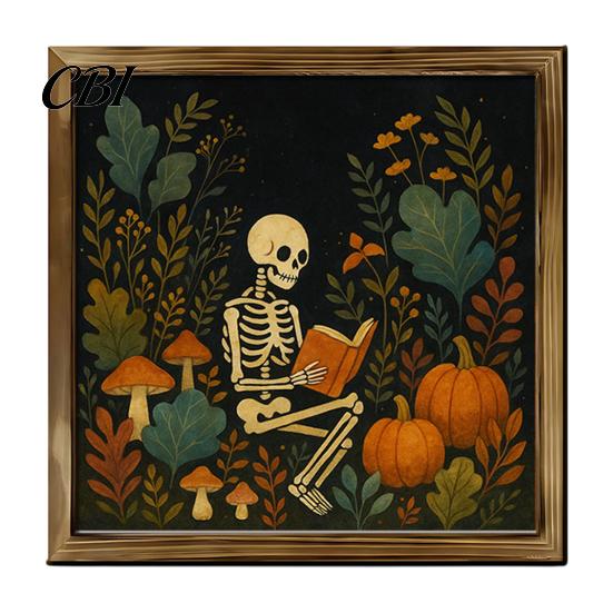 Solid Wood Desktop Decorations Halloween Ghost/Witch/Skeleton Decorative Painting, Wall Mount Square Frame Wooden Framed Paintings Picture for