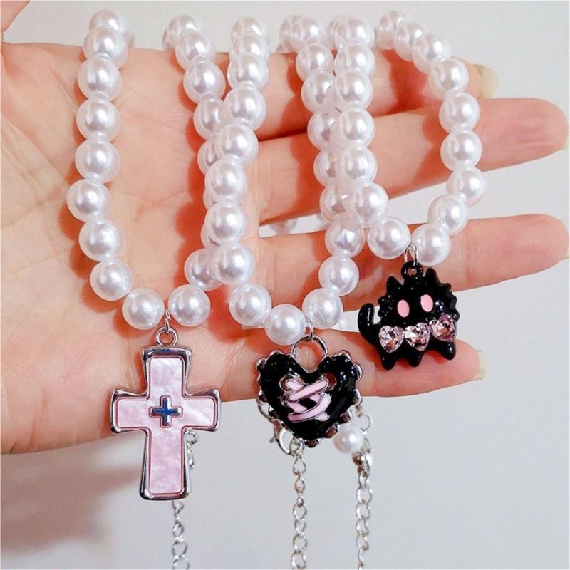 Imitation Pearl Beaded Choker Adjustable Length Neckchain Accessory for Ladies Heart/Crucifix/Cats Pendant Necklace
