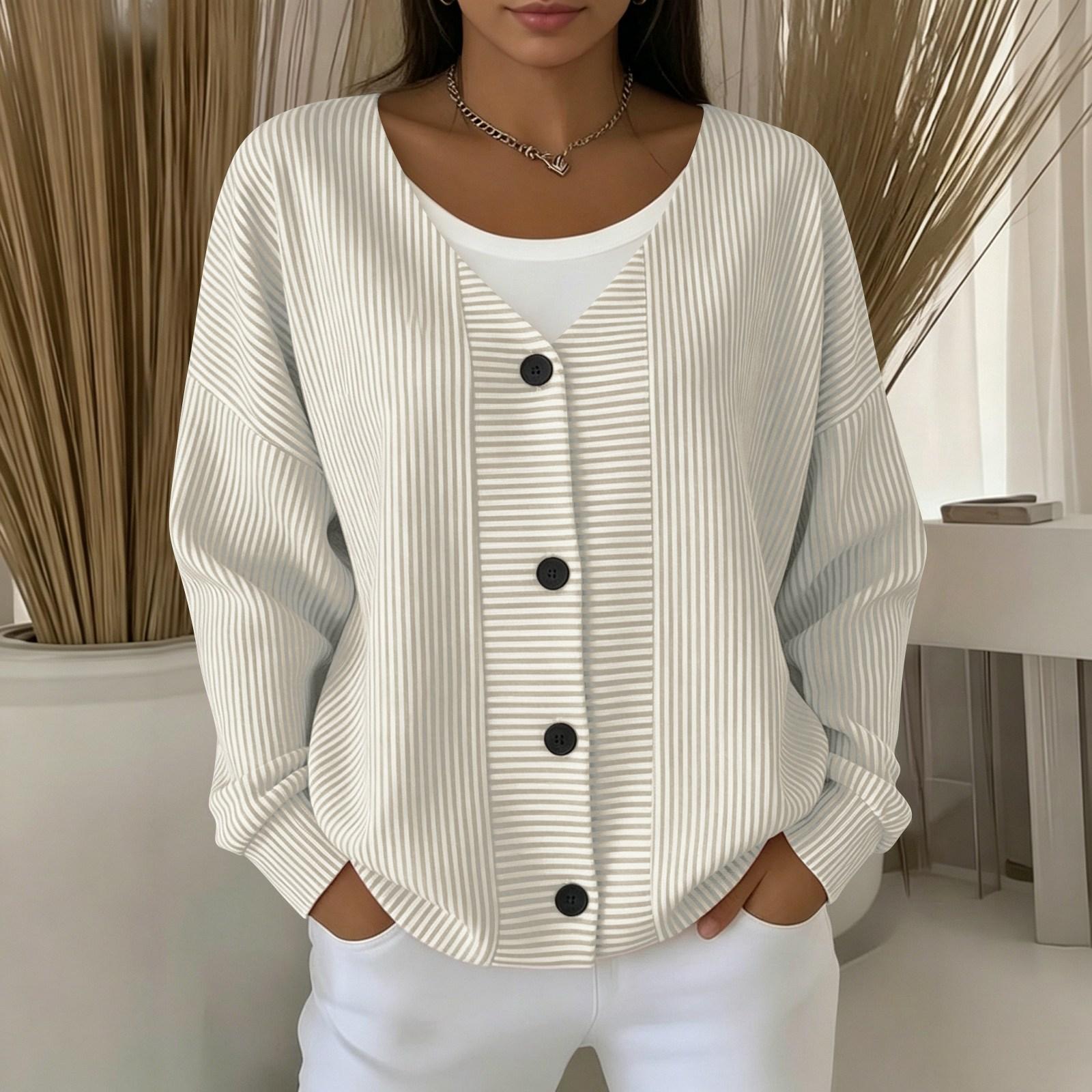 Women s Fashion Striped V Neck Long Sleeve Button Front Cardigan Casual Outerwear Lightweight Layered Top for Everyday Wear L бежевый