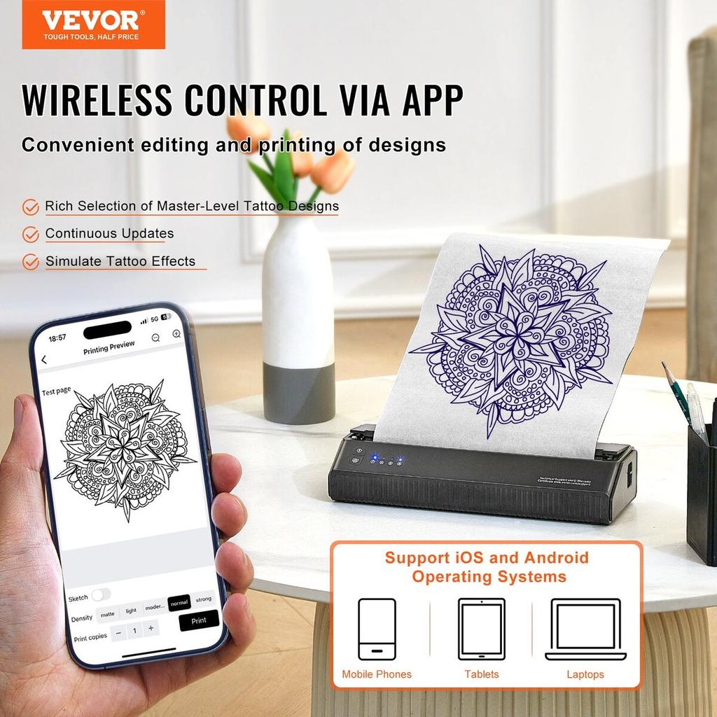 Tattoo Transfer Stencil Printer, Wireless Bluetooth Tattoo Stencil Printer Machine with 10Pcs Transfer Paper and Cloth Bag, Portable Tattoo Printer