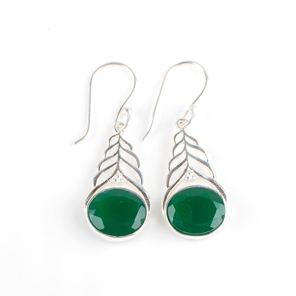 Green Onyx Gemstone 925 Sterling Silver Jewelry Drop/Dangle Women Earrings 1.64" CE-1-16