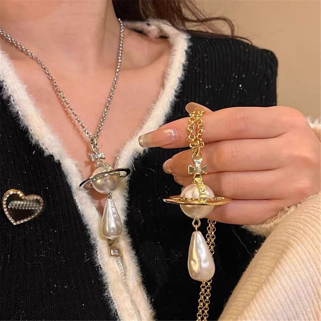 Tooxika Exaggerated Three-dimensional Saturn Baroque Water Drop Pearl Pendant Necklace Light Luxury Temperament Jumper Chain For Women