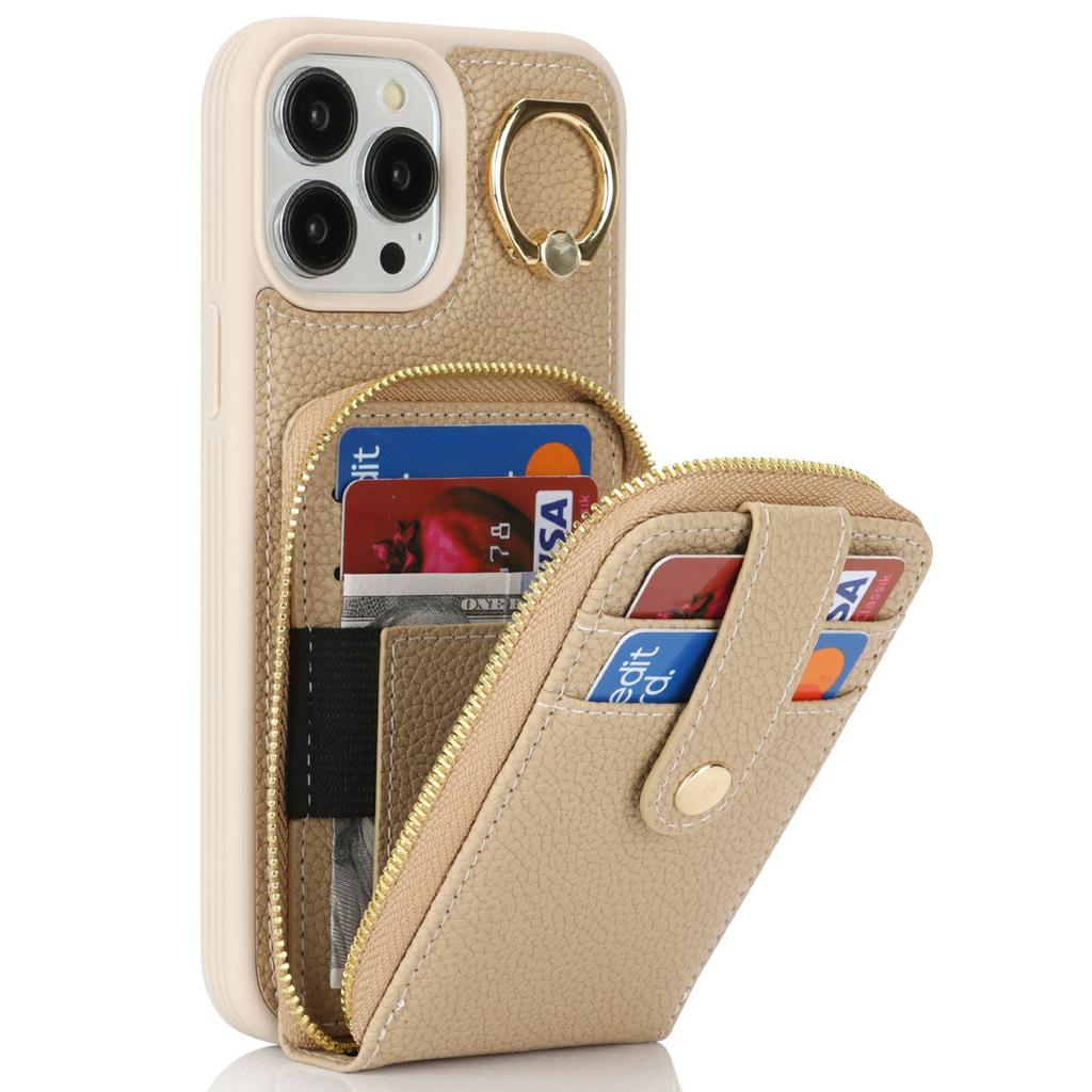 For iPhone 13 Pro Max/12 Pro Max Case with Zipper Pouch/Ring Kickstand/Strap Litchi Texture PU + TPU Phone Cover