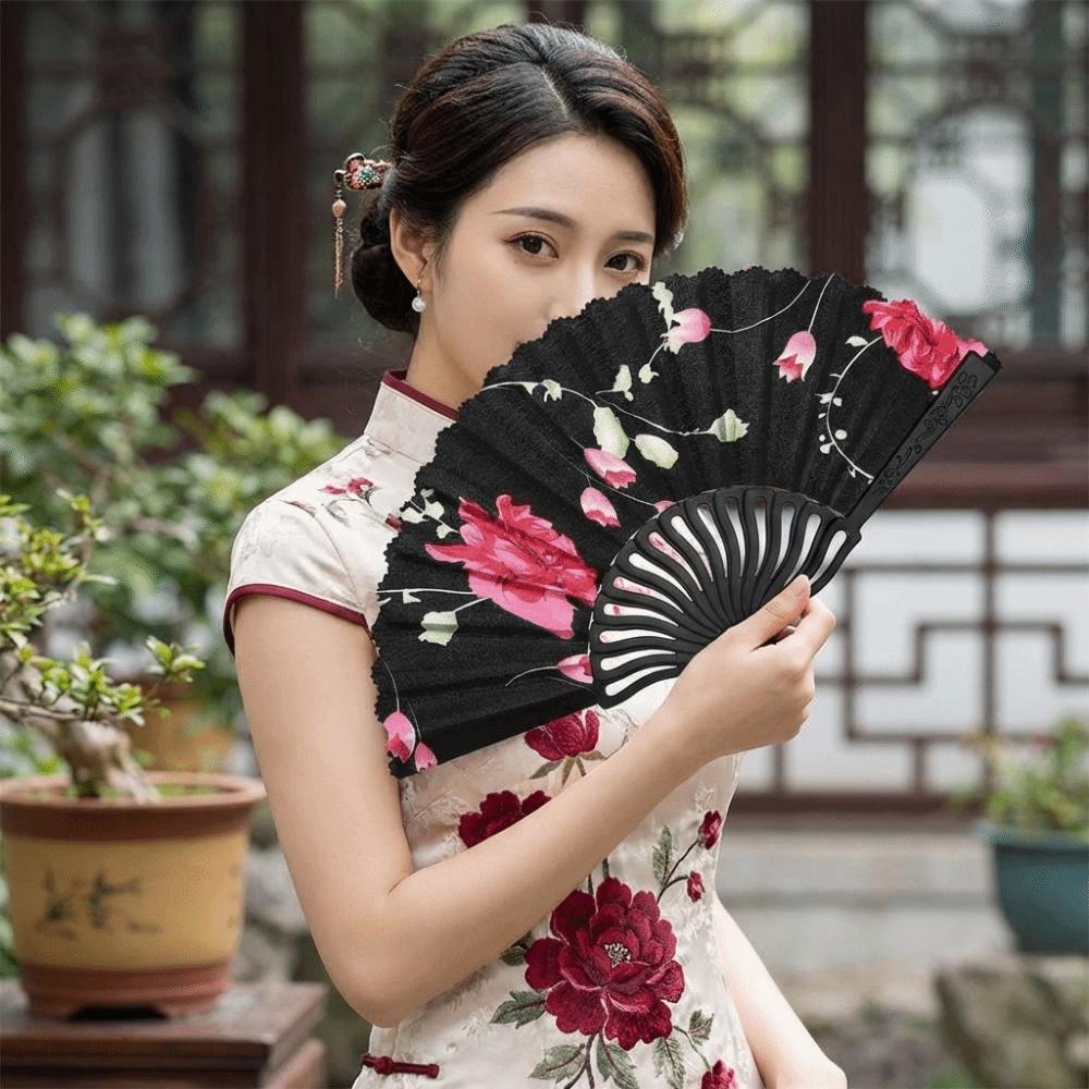 Decorative Folding Fan Plastic Rod Dance Fan Exquisite Flower Handheld Fan  Hanfu Accessories