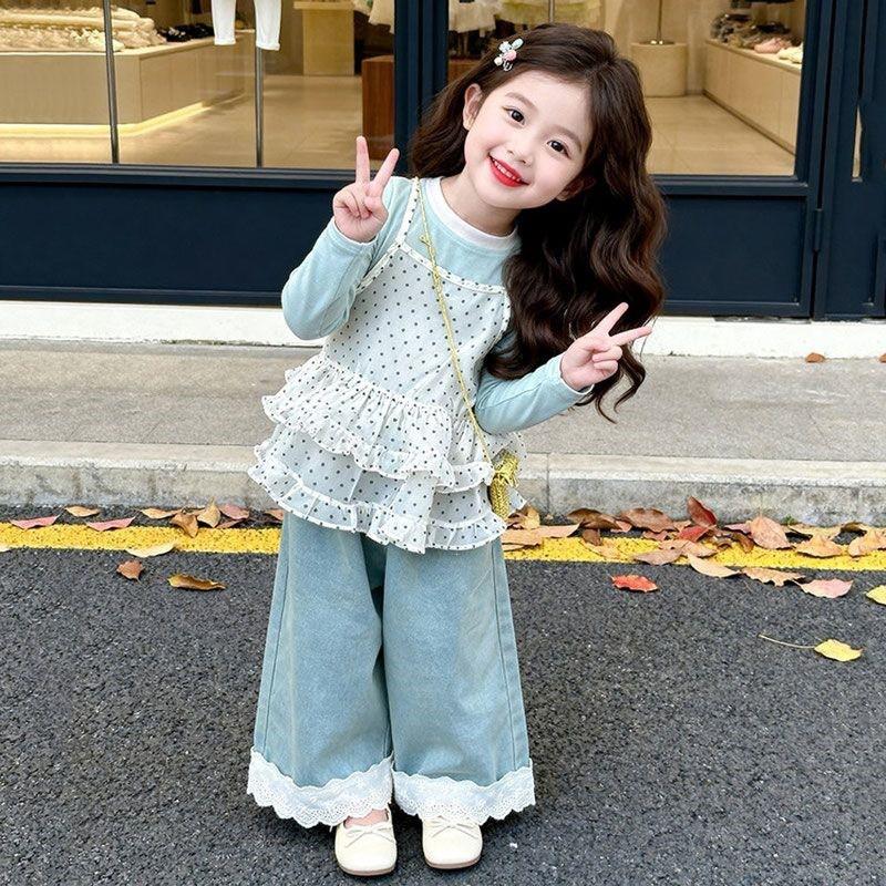 Girls Outfit Polka Dot Ruffle Strap Wide Leg Pants 3-Piece Set Korean Fashion Kids Clothing