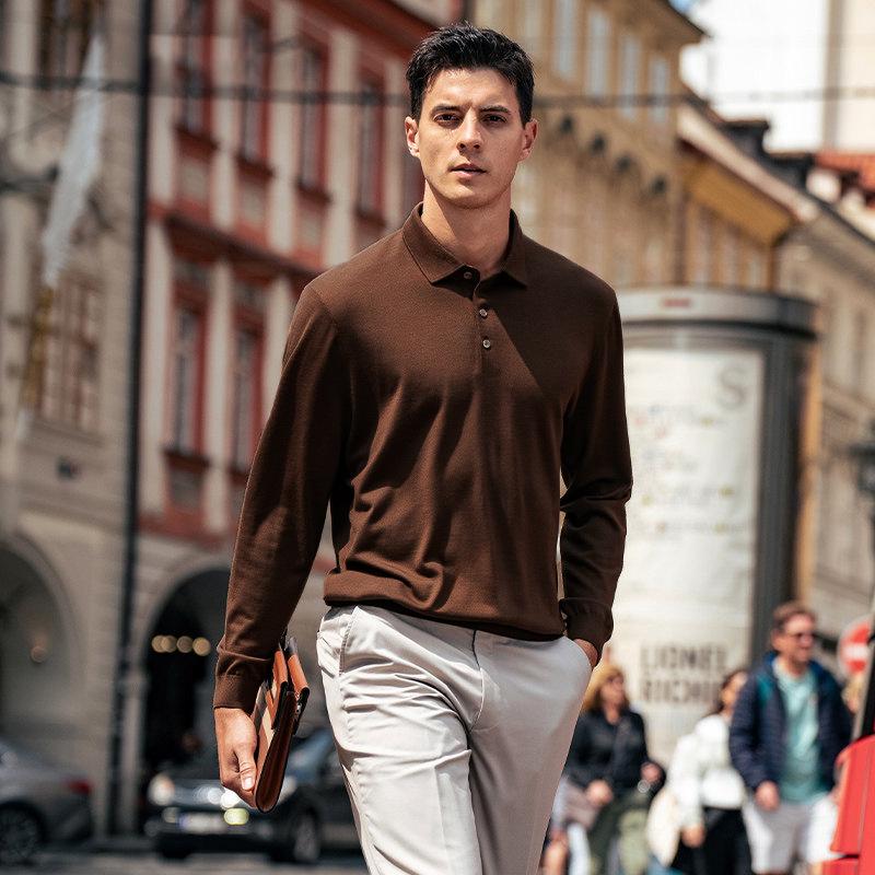 Wang Qiu Men's Polo Collar Wool Sweater - Plain, Warm, Machine Washable, Long Sleeve (X5878) for Autumn and Winter