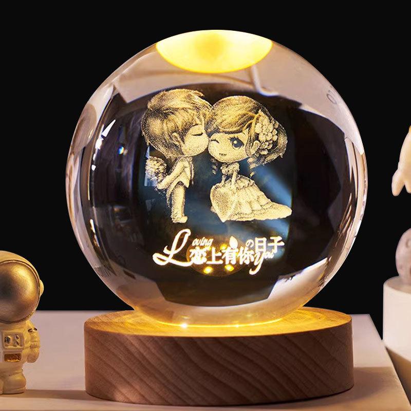 8cm Crystal Ball Night Light Galaxy 3D Laser Engraved Ornament Wooden Galaxy Night Lamp