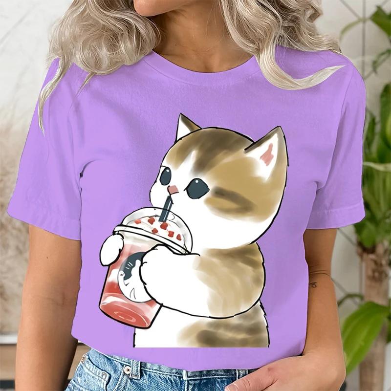 Women Boba Tea Cat Print Casual Clothes Tee Tshirt Fashion Female Tops Mujer Camisetas Ladies Anime Cartoon Graphic TShirt Tops