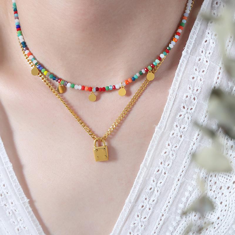 Dopamine Beaded Round Pendant Necklace: Titanium Steel Temperament Lock Chain