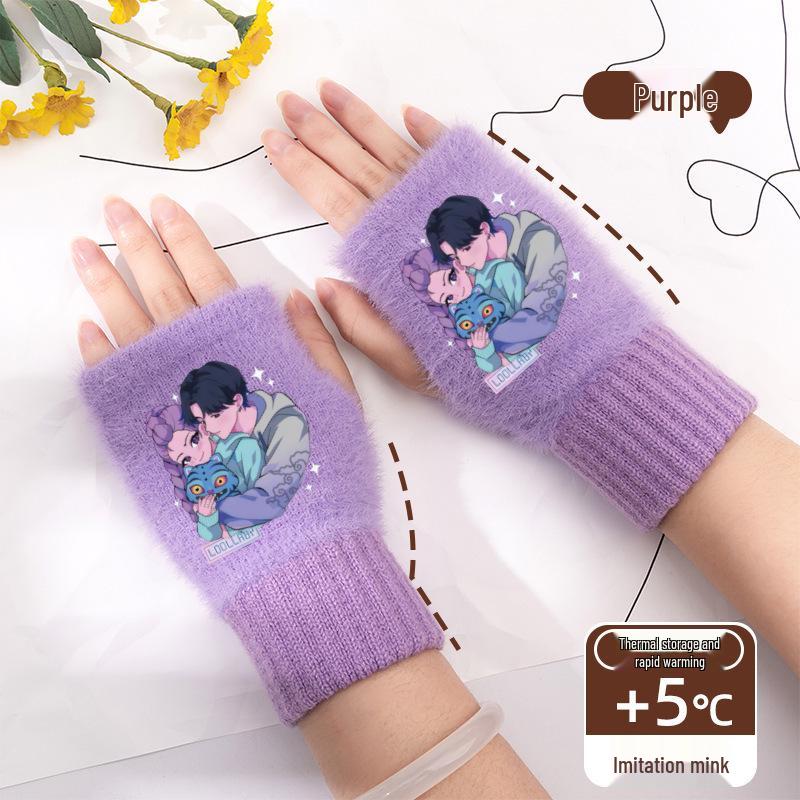 Kpop Women's Fingerless Knitted Gloves - Versatile Warm Plush Autumn/Winter Half-Finger Hand Socks, Solid Color for Students.