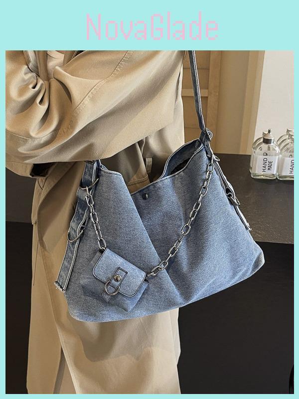 Retro Denim Casual Tote For Women With Large Capacity And Streetwear Design