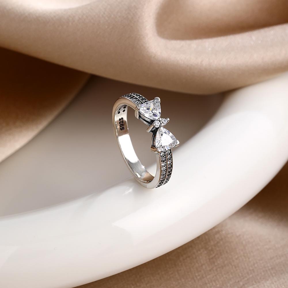 925 Silver Red Pink White bows Ring For Women Jewelry Open Design Wedding Party Fashion Gift