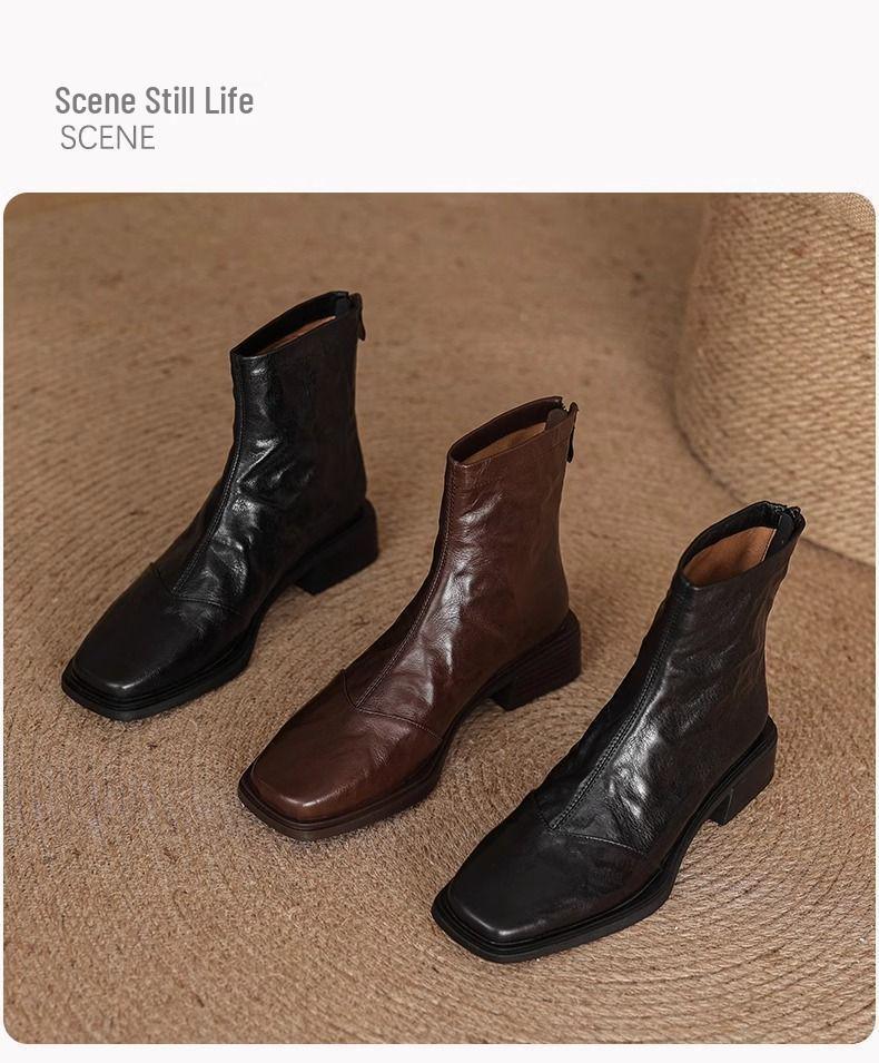 Wyszczuplające botki ze skóry jagnięcej 2025: Damskie Buty Martin na Średnim Obcasie Vintage, Czarny Kwadratowy Nosek, Kolekcja Jesień/Zima.