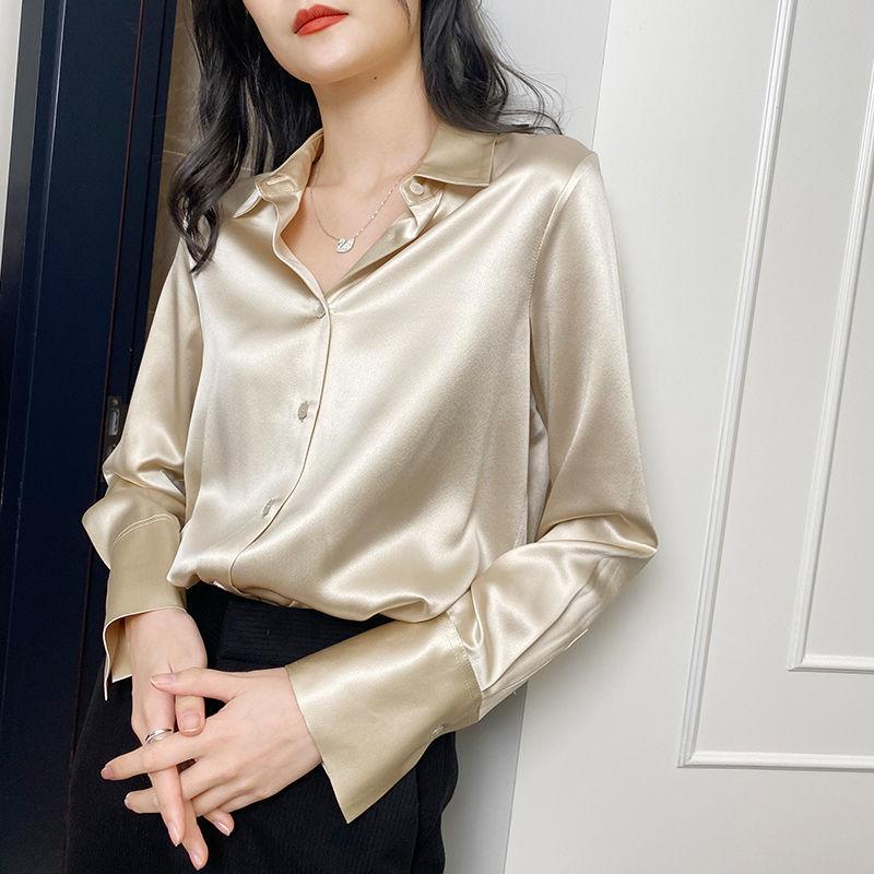 Silk Satin Shirt Ladies Blouse Spring Autumn Tops Women Clothing Button Up Long Sleeve Solid Champagne Grey Shirts