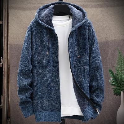 Winter Men Jacket Thickened Fleece Hooded Drawstring Zip-up Long Sleeves Sweater Coat Pockets Elastic Cuff Retro