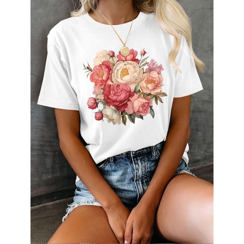 

European Size European Size Graphic Print T-shirt, Short Sleeve Crew Neck Casual Top for Summer & Spring, Women s Clothing 4XL білий