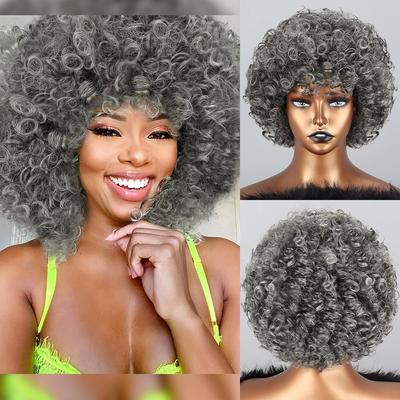 Afro Kinky Curly Perücken mit Pony, synthetische Perücken für natürliches Haar, silbergraue Perücke, Cosplay, hitzebeständige Faser, flauschige Perücke