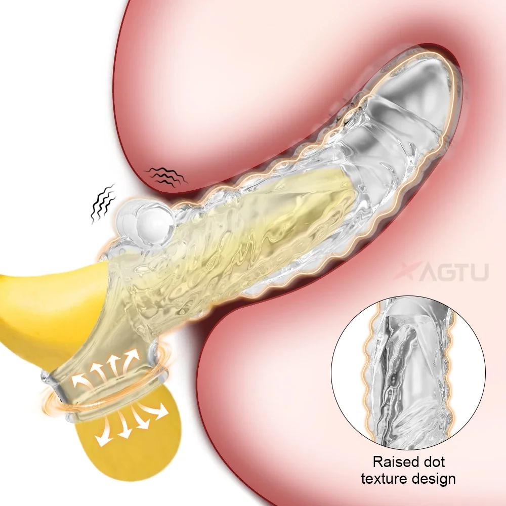 Reusable Penis Enlargement Vibrator Penis Extender Sleeve Sex Toys For Men Adult Delay Ejaculation Cock Ring Vibrator Condom 18+