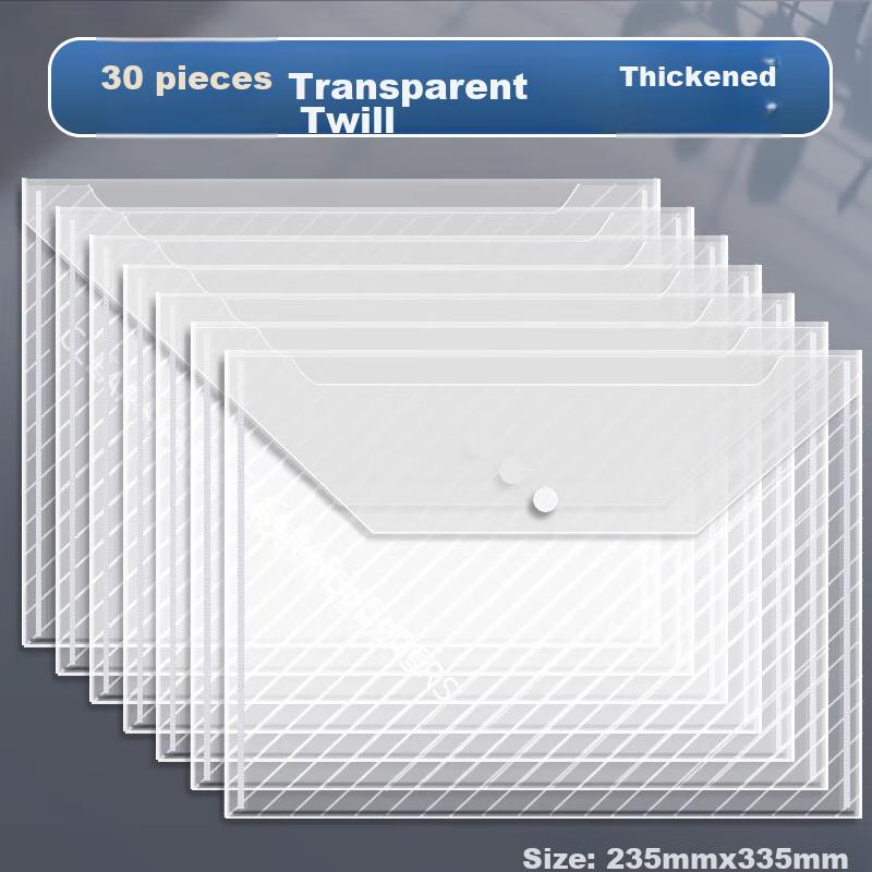 30 Transparent A4 File Folders with Diagonal Stripes, Thickened Button Closure Document Folders for Exams And Papers, Hidden Buttons, Waterproof