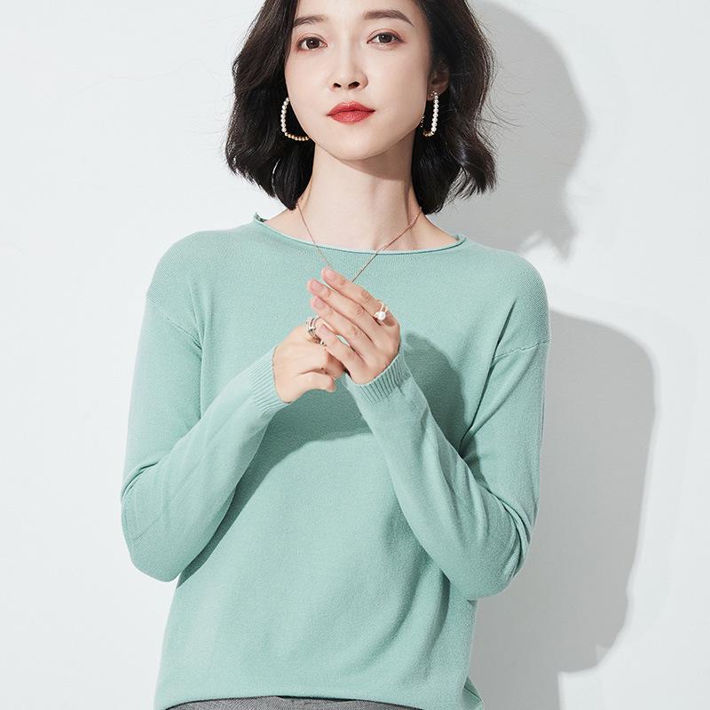 Autumn/Winter Women's Wool Sweater: Round & V-Neck, Rolled Edge, Long Sleeve, Thin Knit Top