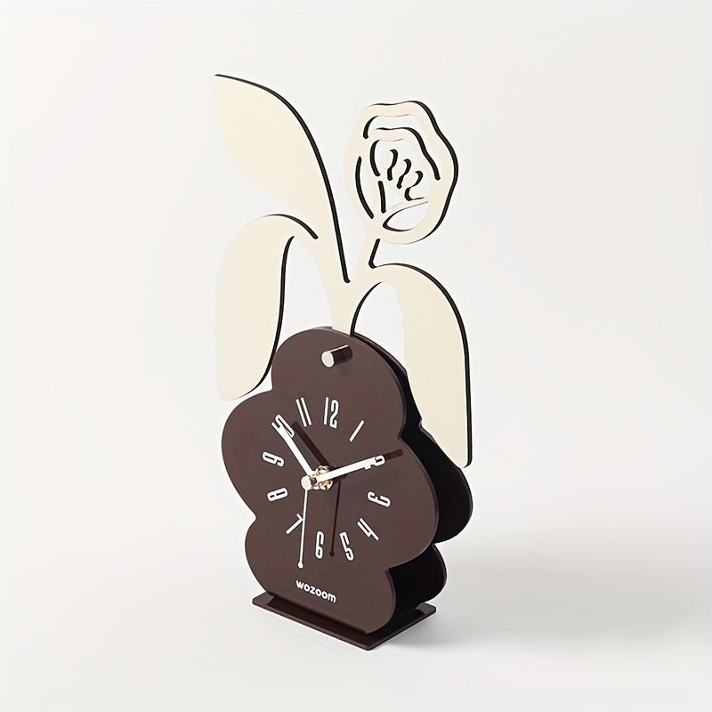Floral Desktop Clock , Silent Non Ticking Battery Operated, Artificial Wood with Deep Brown Base , White Floral Design, Irregular Shape for Bedroom