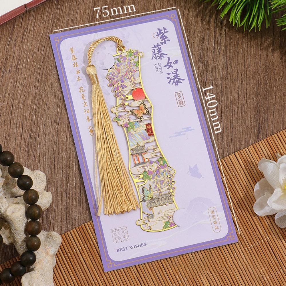 

Chinese Style Metal Bookmarks Portable Students Reading Tool Hollow Hot Stamping Bookmark Long Tassel Bookmarks фіолетовий