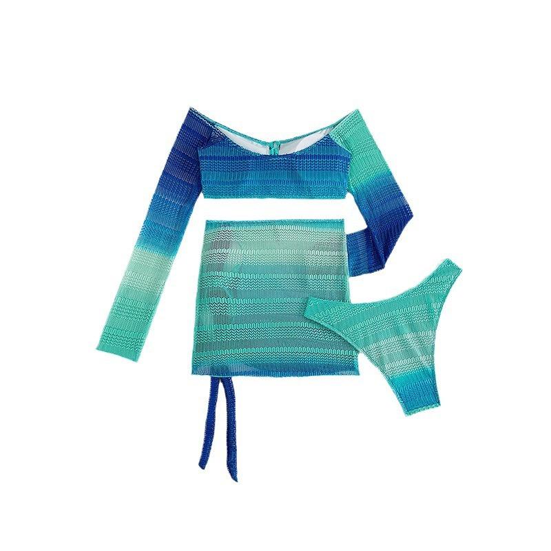 Cikini Knitted Strapless Long Sleeve Bikini Set Top Triangle Swimwear Bottom Hollow Out Skirt Bikini Set 3pcs,Summer Beach