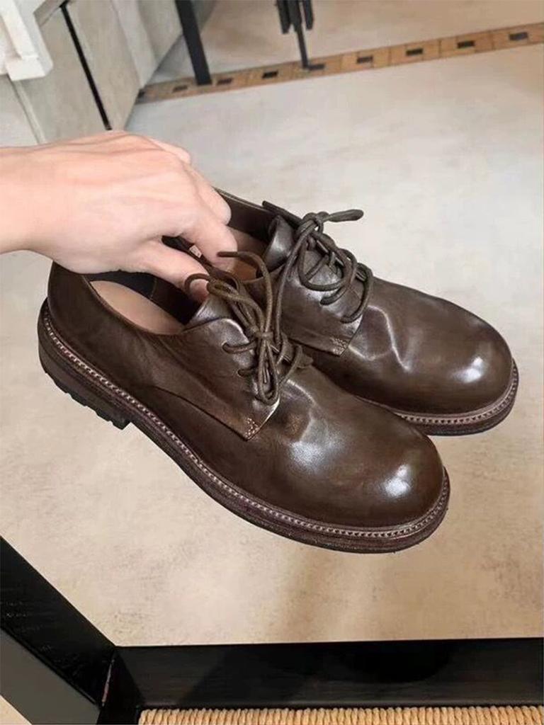 Washed horse leather~ Genuine leather retro British lace-up small leather shoes women's autumn and winter new Derby loafers thick heel single shoes