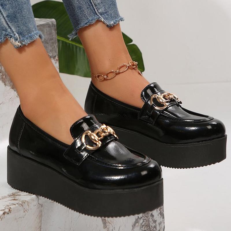 Mote Elegante Chunky Hæl Loafers Sko Kvinner Metall Detor Svarte Kilesko Kvinne Vår Høst PU Lær Loafers Sko Damer