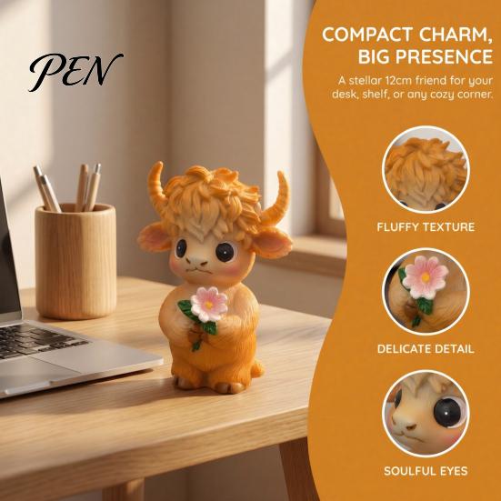 Creative Birthday Gifts for Friends Highland Cow Holding Flower Statue, Cute Resin Animal Figurine, Desk Accessories Women Farmhouse Sculpture