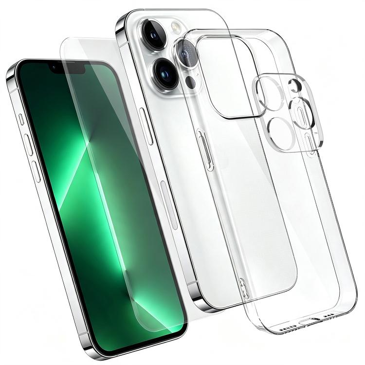 3‑in‑1 Set Clear TPU Phone Case + High Alumina Tempered Glass Screen & Lens Protector For iPhone