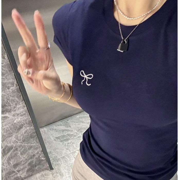 Ins Pure Desire Embroidery Summer Slim-fit Short-sleeved T-shirt Women's Korean Version Bow Round Neck Contrasting Bottom Top Women's