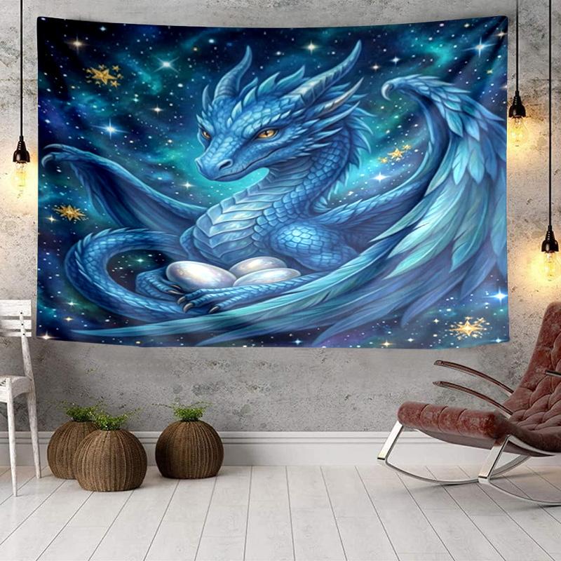 Blue Dragon Holding Stars Tapestry Room Decoration Wall Hanging for Living Room Bedroom, Dormitory, Birthday and Christmas Gifts