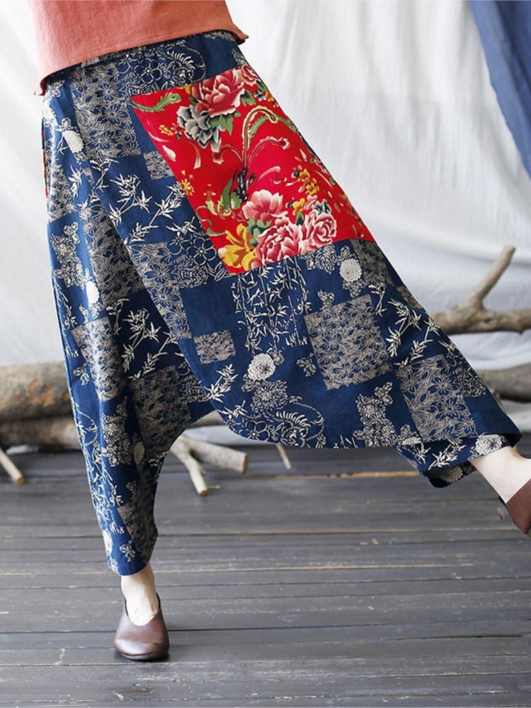 Johnature Women Vintage Patchwork Cross-pants Elastic Waist Spring Trouser Loose Casual Women Cotton Linen Pants