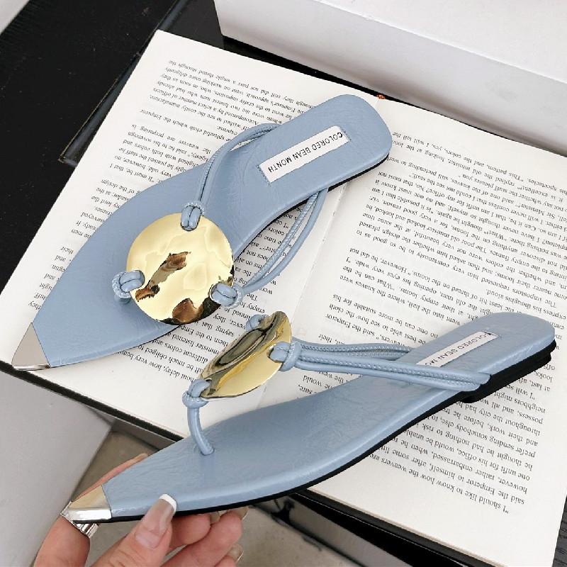 

Fashion Metal Decoration Open Toe Flat Sandals Women Pointed Toe Narrow Band Flip Flops Fashion Comfortable Non-slip Vacation Beach Shoe 39 синий