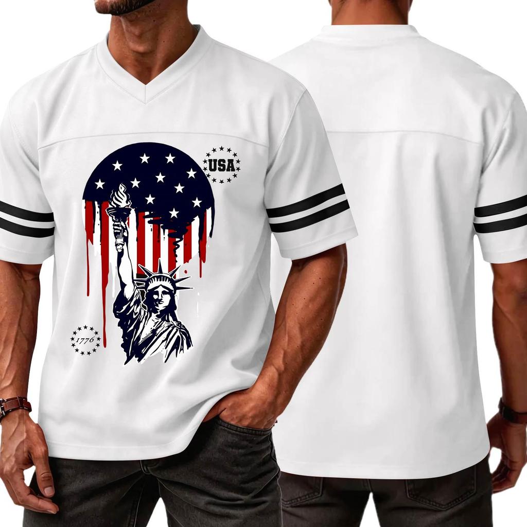 Men's Casual V Neck Short Sleeve Sports T Shirt Independence Day Printed Graphic Tee USA Lettering Athletic Top