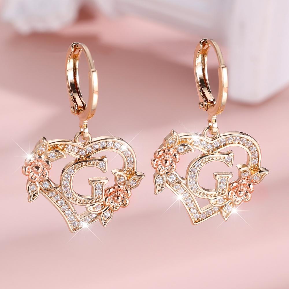 A-Z 26 Buchstaben Damen Herz Blume Creolen Vintage Goldfarbe Weiß Zirkon Hochzeits Schmuck Für Frauen