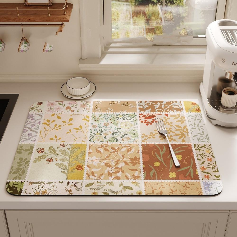 Heat Resistant Kitchen Drain Mat Floral Print Absorbent Mat Coffee Machine Mat Sink Area