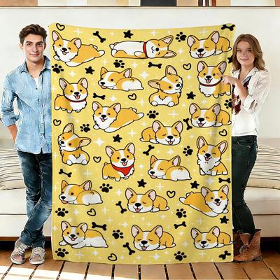 Corgi and Bone Flannel Blanket Soft Cozy Throws Napping Travel Use