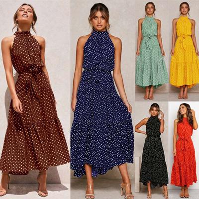 Kadın Düz Puantiyeli Uzun Elbiseler Yaz Seksi Halter Askılı Askısız Bağcıklı Elbise Kadın Boho Plaj Tatili Maksi Elbiseler Günlük Robe